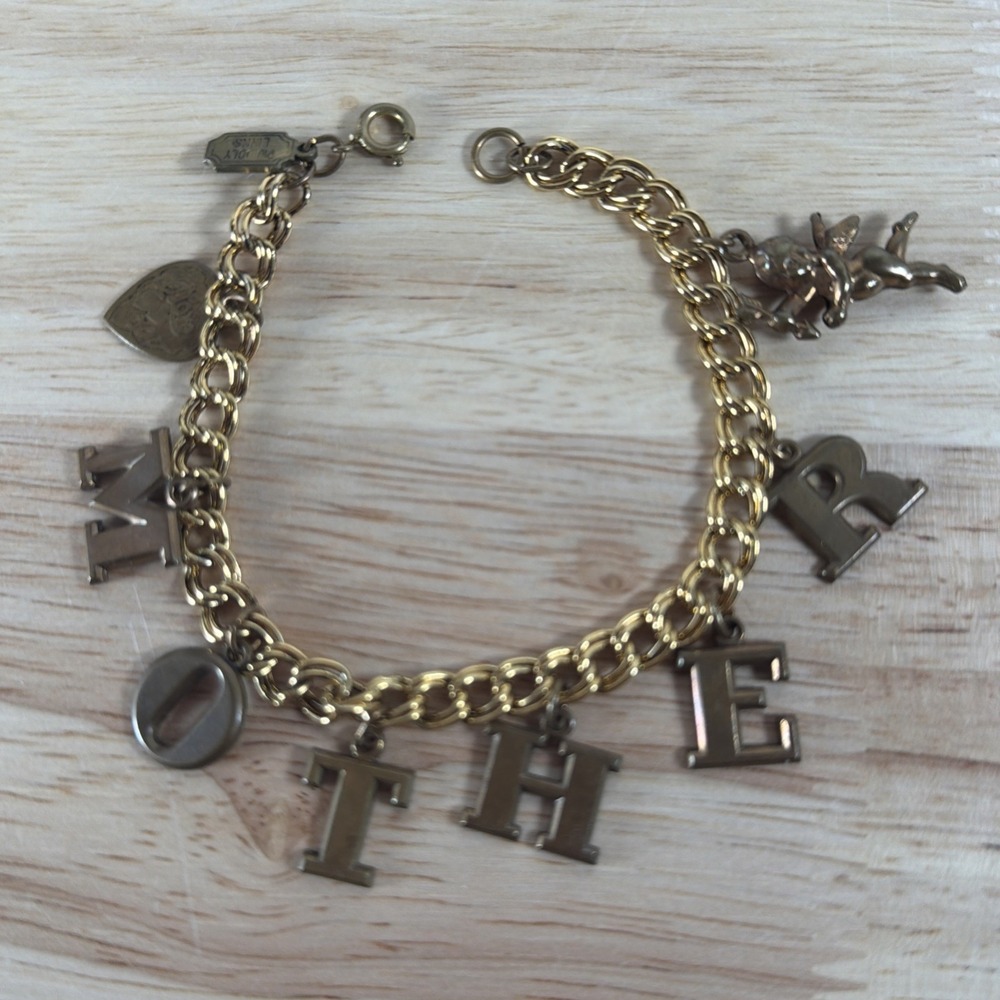 Vintage Pididdly Links Kingston NY "MOTHER" Charm Bracelet With Cherub 7.5"